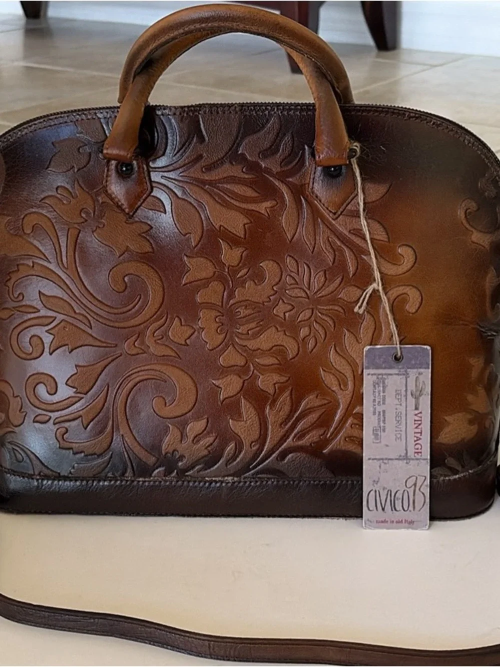 NWT Embossed Italian Floral Leather Satchel — Brown